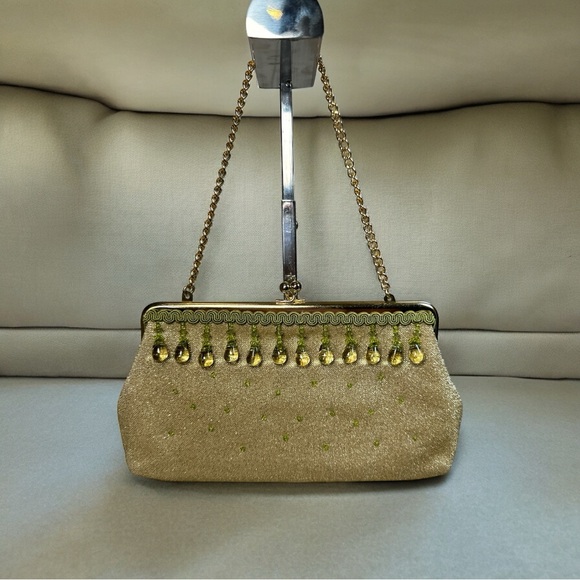 Vintage Gold Metallic Lamé Beaded Kiss Lock Clutch Handbag Satin Interior EUC - Picture 2 of 11